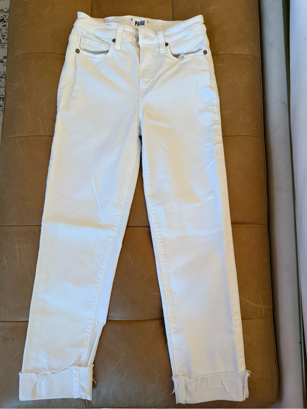 PAIGE White Slim Straight Jeans Size 25 NWOT Distressed Hem